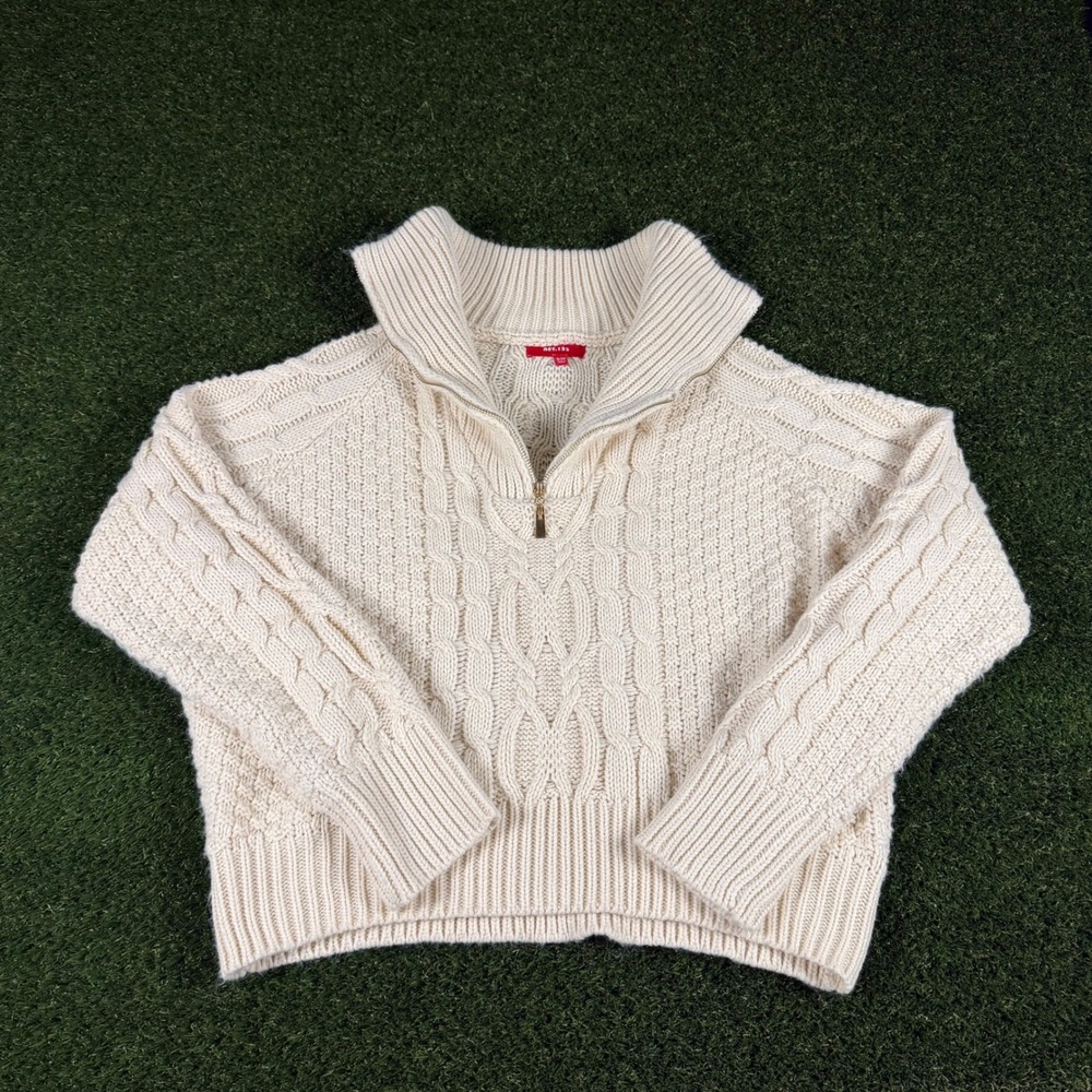 NET.153 Cream Cable Knit Quarter Zip Sweater Womens Size S/M Ivory Pullover